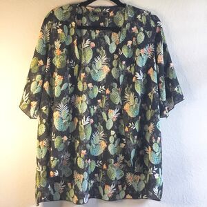 Semi sheer open front coverup flowering cactus all over print short sleeve boho